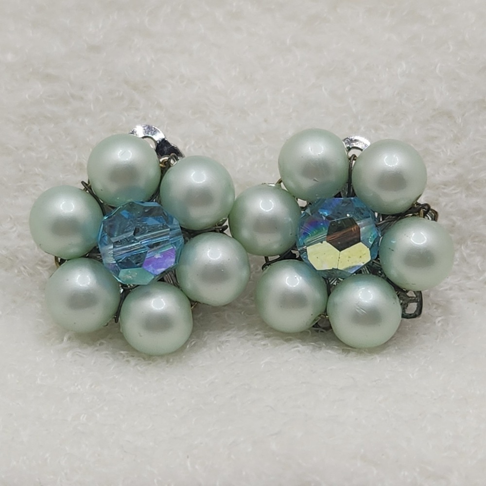 Vintage DeMario NY Green Faux Pearl AB Blue Crystal Cluster Clip Earrings MCM‎
